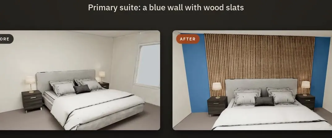 Before and after: a bedroom wall changed to blue with wood slats