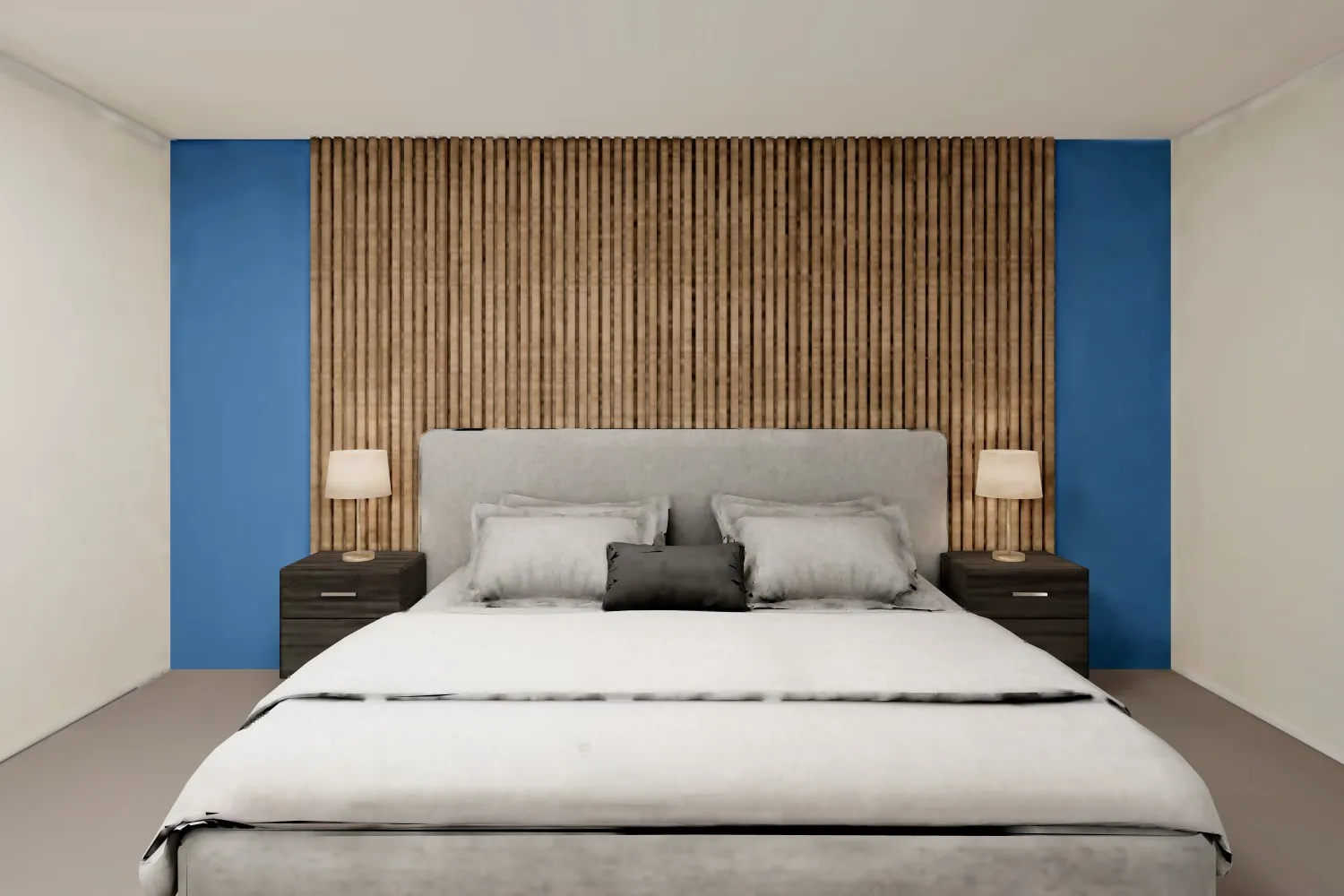La même chambre après le changement : un mur bleu avec des lattes de bois derrière le lit