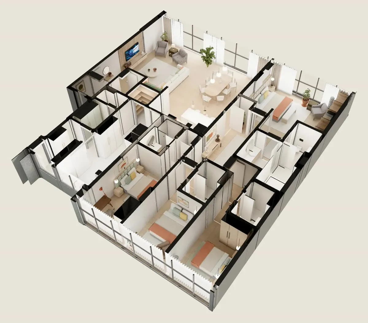 A furnished condo seen from above with the roof off