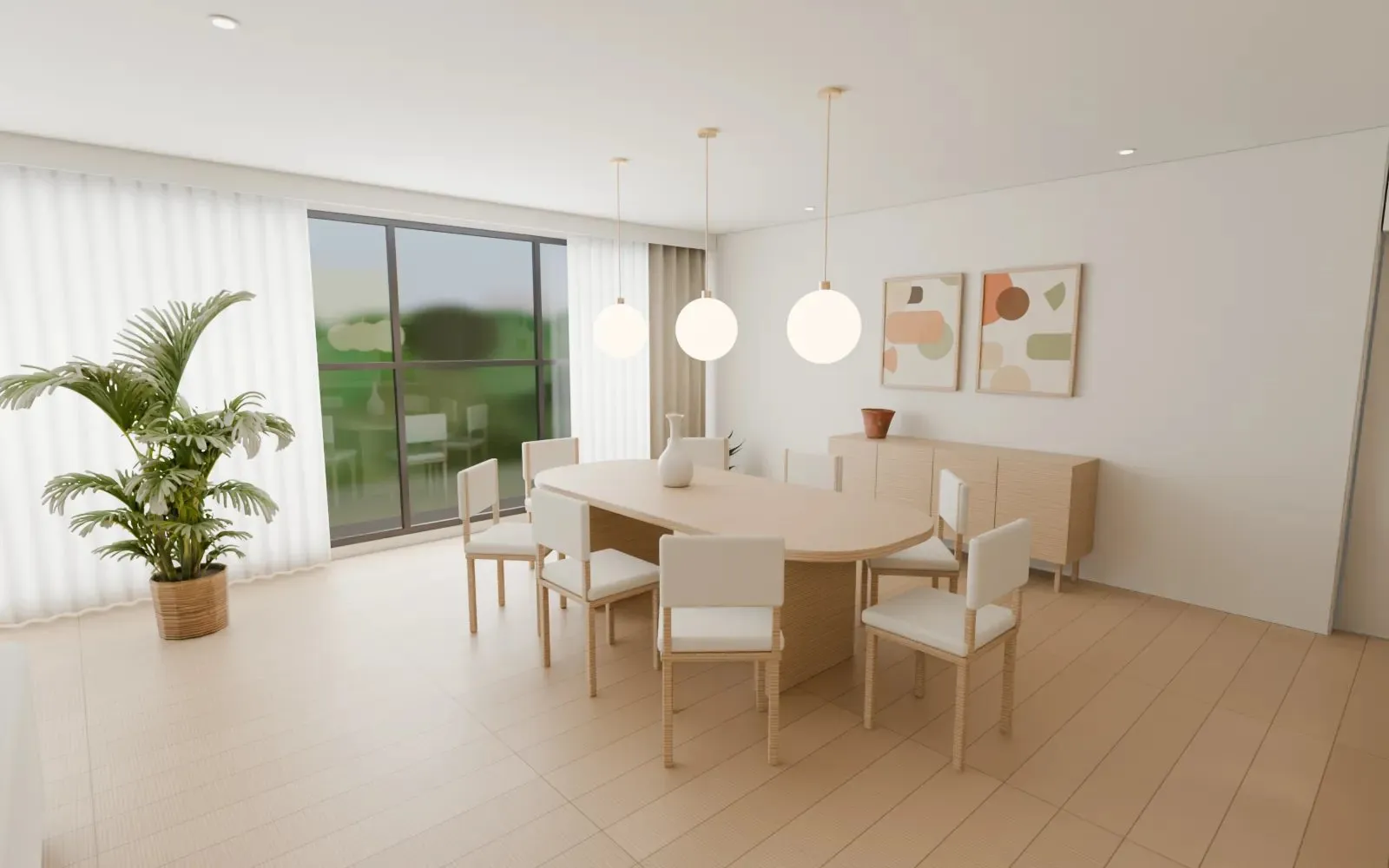 Salle à manger avec une table ovale en chêne pour huit