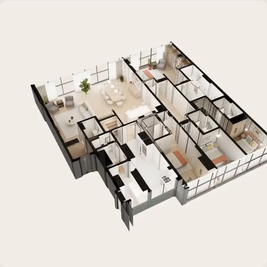 The same plan as a furnished 3D dollhouse