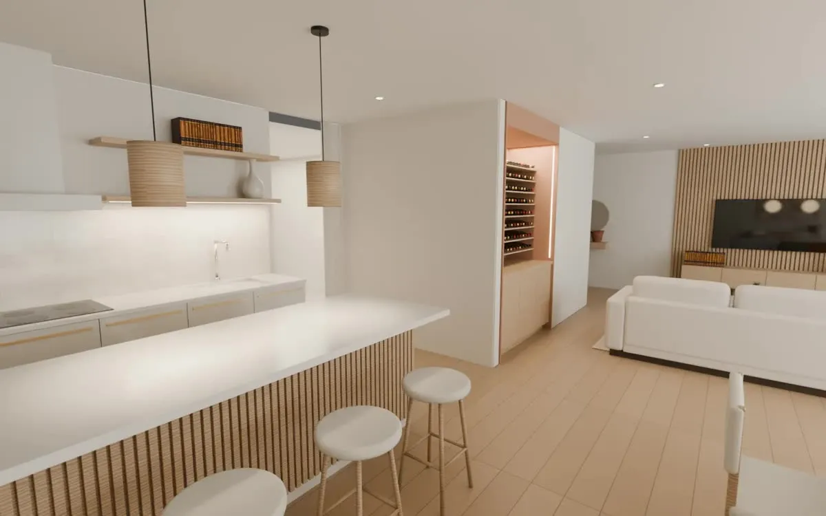 Kitchen with a slatted island and wood wine wall