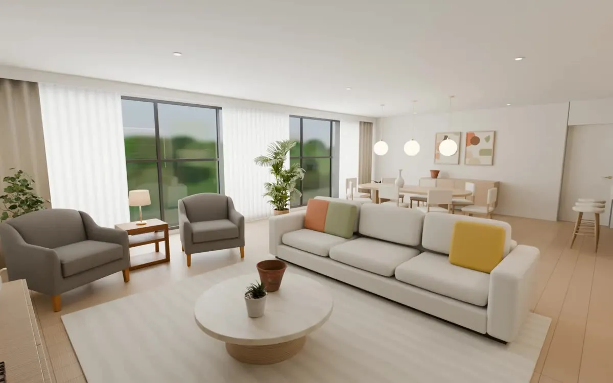 Living room, option A: light oak and off-white with a linen sofa