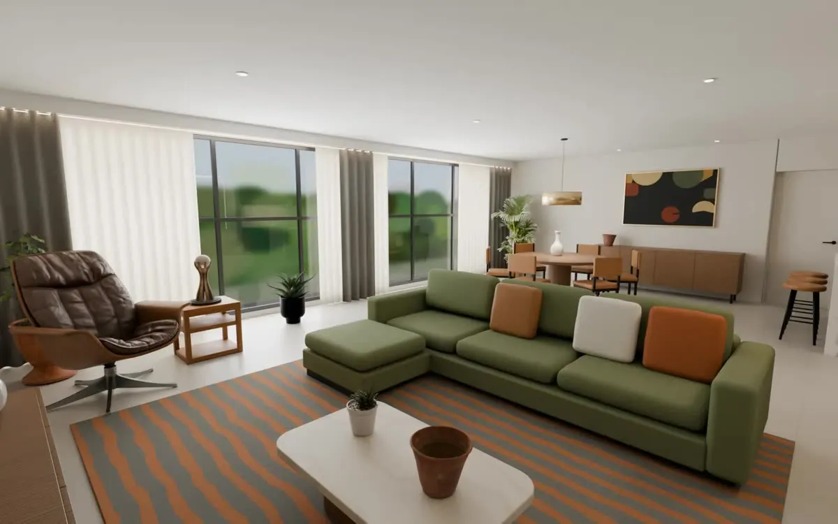 The same living room, option B: walnut and olive velvet