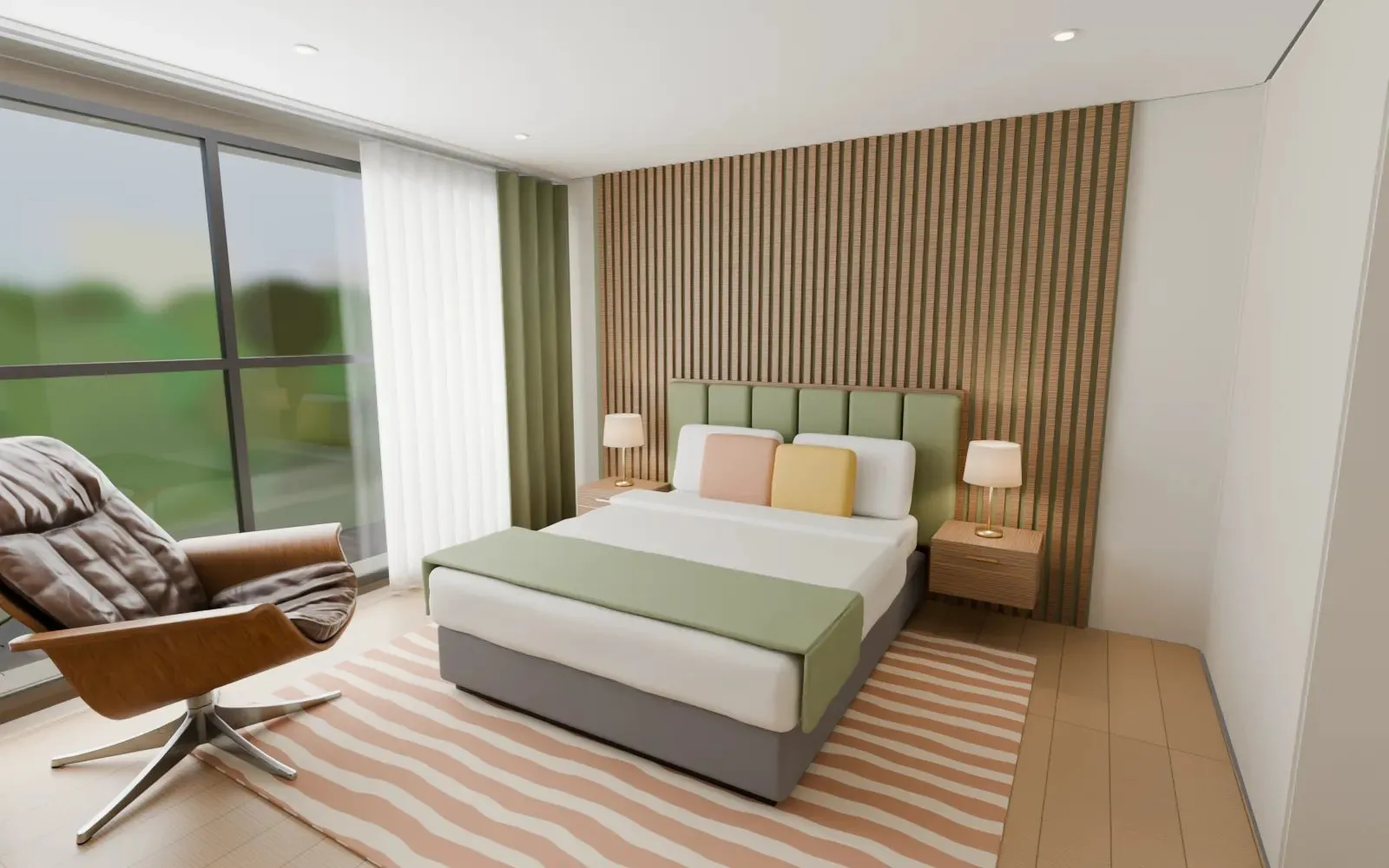 La même chambre principale, option B : mur à lattes de bois, tête de lit verte et fauteuil lounge en cuir