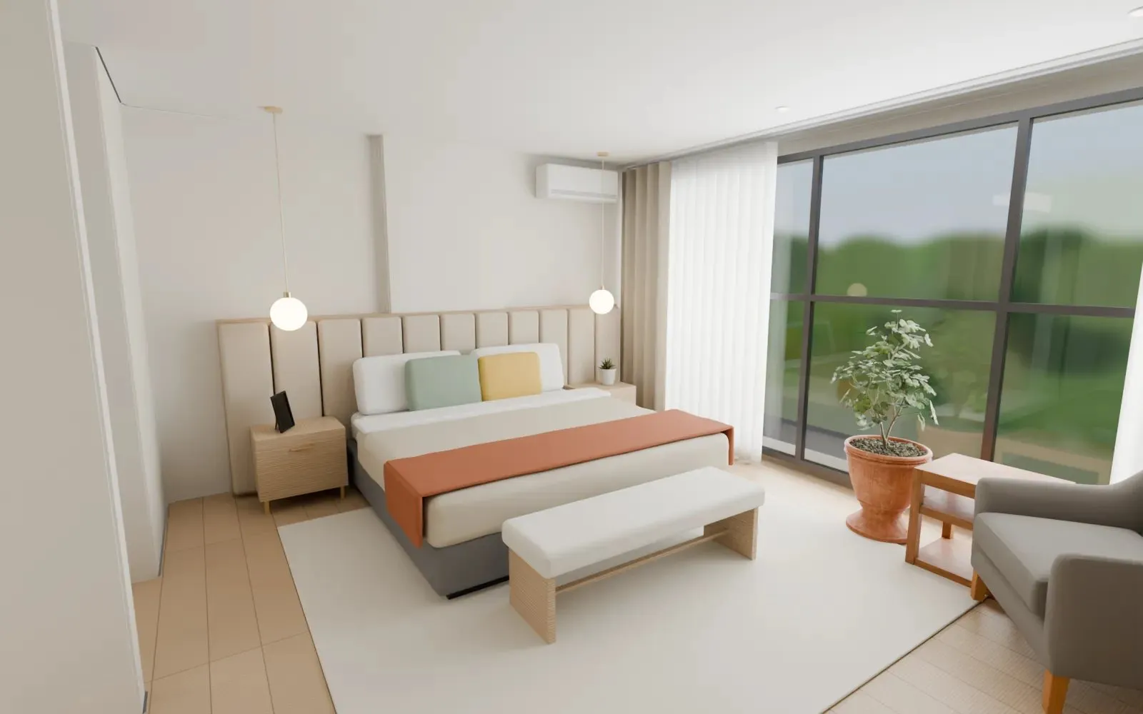 Chambre principale, option A : tête de lit pâle, banc au pied du lit et fauteuil près de la fenêtre